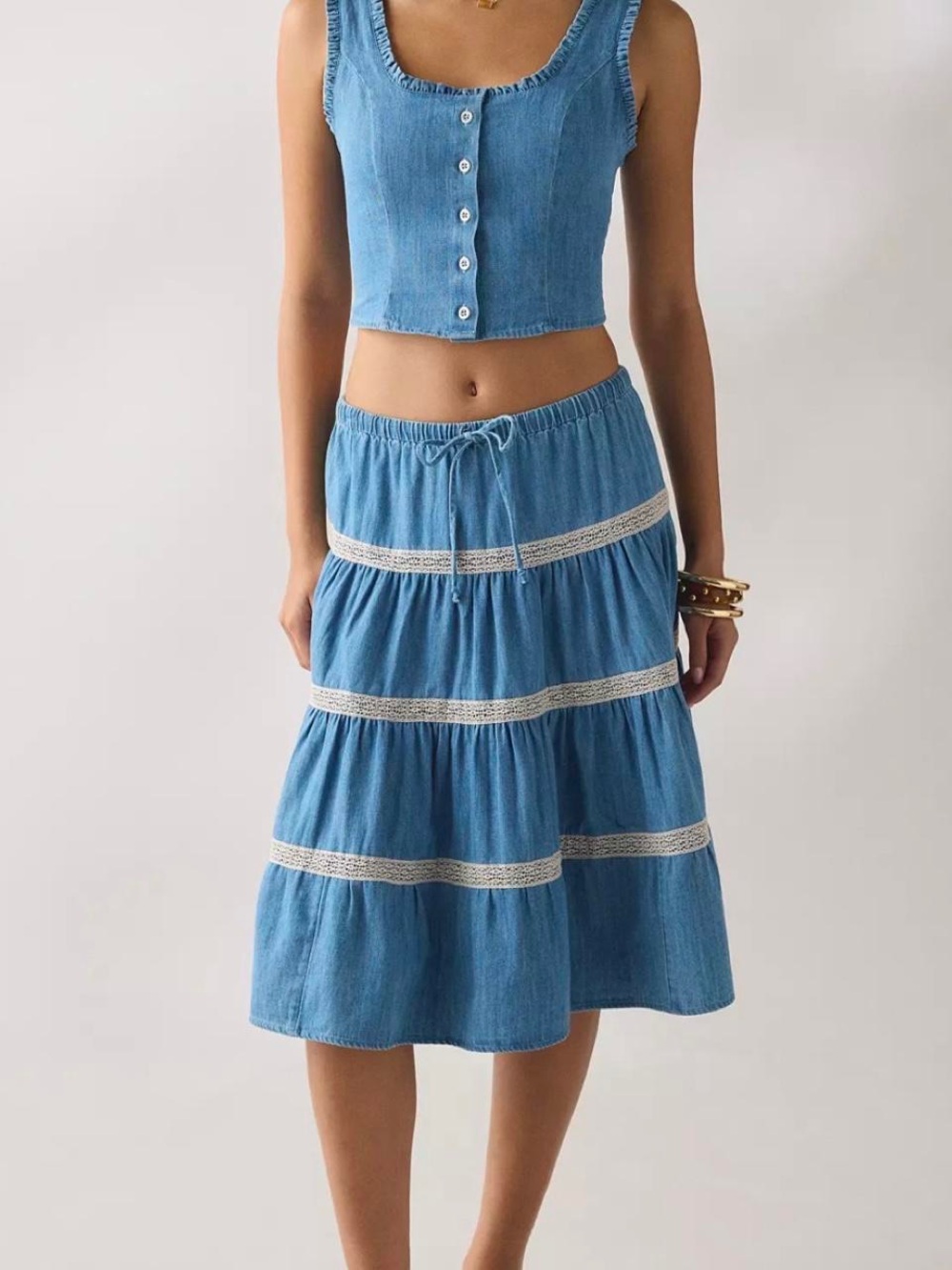 Urban Outfitters Light Blue Denim Tiered Midi Skirt set with Lace Trim NEW TAGS